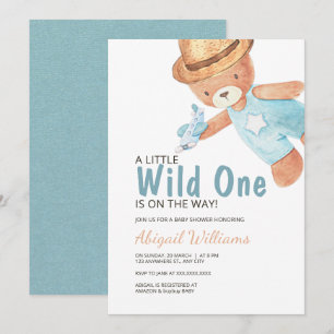 Invitation Wild One Watercolor Teddy Bear Baby shower Invitat