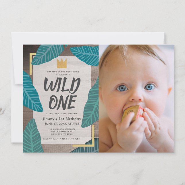 Invitation Wild One Wild Things Crown Photo Garçon 1er annive (Devant)