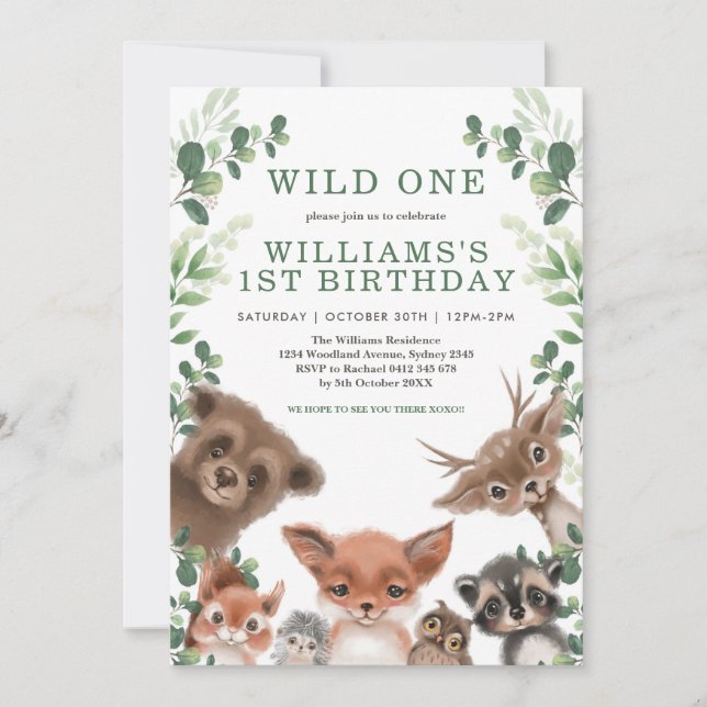 Invitation Wild One Woodland Animaux Végétation Forêt Anniver (Devant)