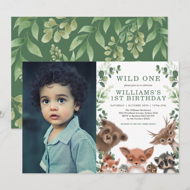 Invitation Wild One Woodland Animaux Végétaux Photo Anniversa (Devant / Derrière)