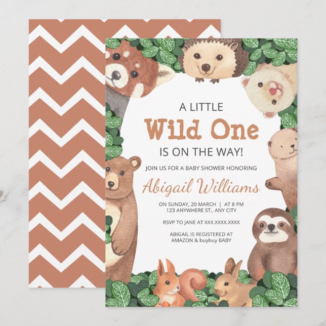 Invitation Wild One Woodland Animaux w Ours Baby shower Brown (Devant / Derrière)