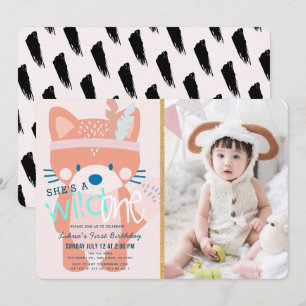 Invitation Wild One Woodland Fox Girl Photo rose 1er annivers