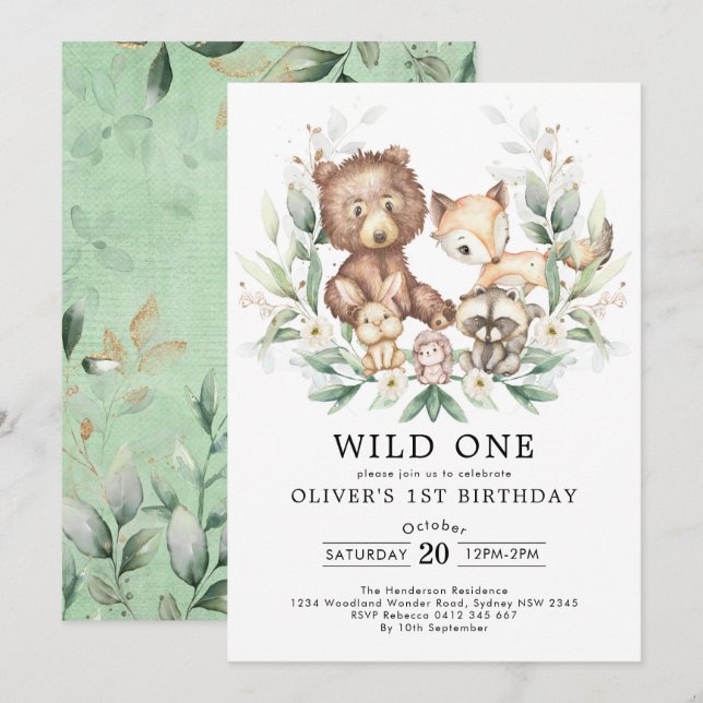 Invitation Wild One Woodland Greenery Gold Birthday Party (Devant / Derrière)