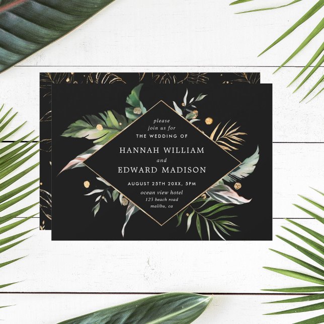 Invitation Wild Tropical Watercolor Foliage Black Wedding (Créateur téléchargé)