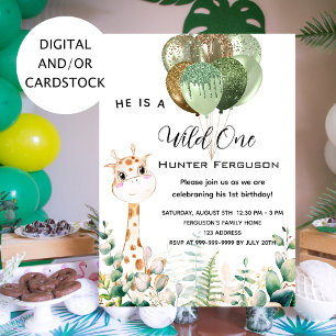 Invitation Wild un 1er anniversaire girafe jungle ballons