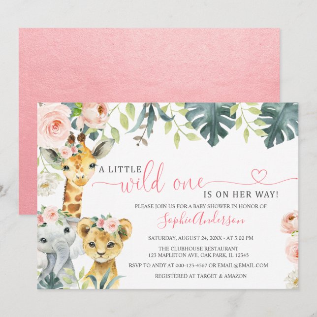 Invitation Wild un safari jungle animaux fille baby shower da (Devant / Derrière)