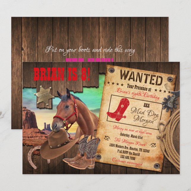 Invitation Wild West Cowboy (Devant / Derrière)