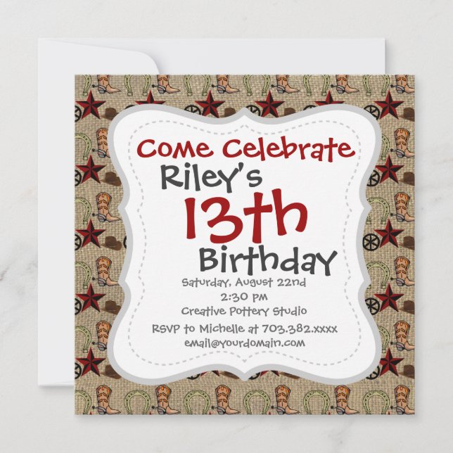 Invitation Wild West Cowboy Country Western sur Burlap Motif (Devant)