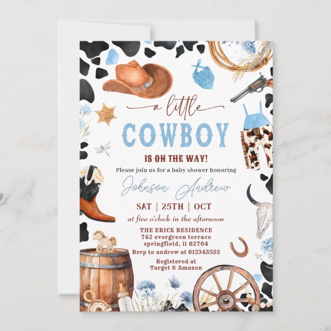 Invitation Wild West Western CowBoy Baby shower bleu (Devant)