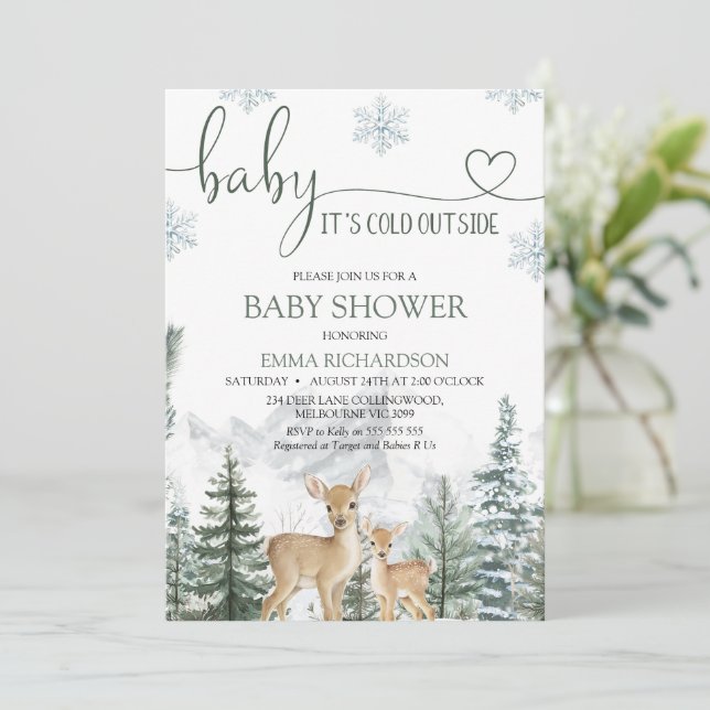 Invitation Wilderness Deer Baby Its Cold Outside Baby Shower (Debout devant)