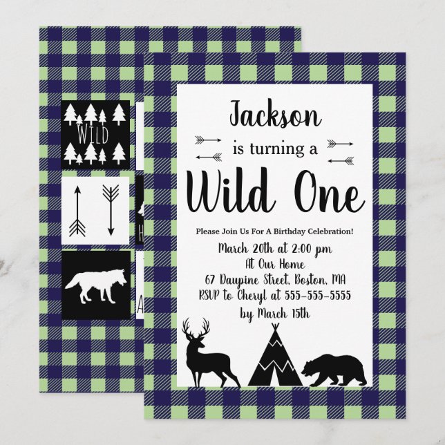 Invitation Wilderness rustique & Animal Plaid Wilthday (Devant / Derrière)