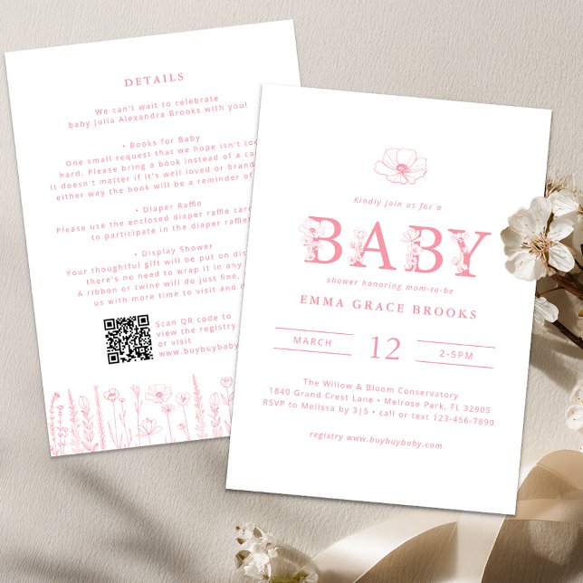 Invitation Wildflower Baby Shower Details Back (Wildflower - Pink Baby Shower Invite)