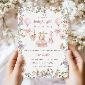 Invitation Wildflower Baby Shower Invitation, Pink Bow Floral
