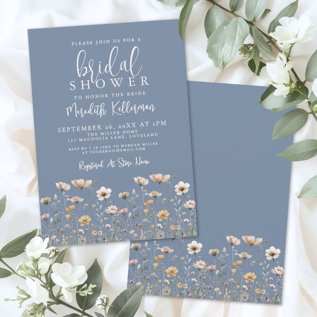 Invitation Wildflower Dusty Blue Bridal Shower (Wildflower Dusty Blue Bridal Shower Invitation)
