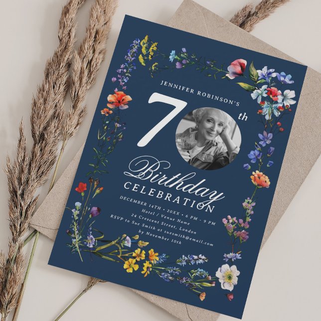 Invitation Wildflower Meadow Photo 70th Birthday Navy Blue  (Wildflower Meadow Photo 70th Birthday Navy Blue Invitation)