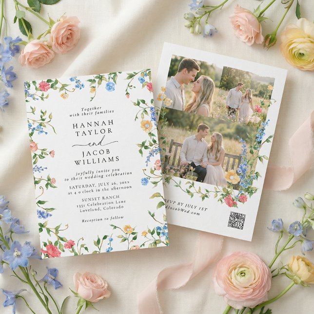 Invitation Wildflower Meadow Three Photo RSVP Wedding (Créateur téléchargé)