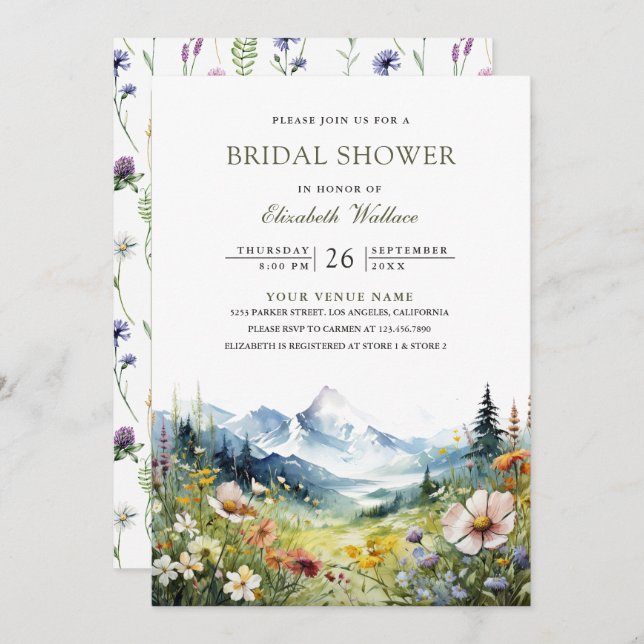 Invitation Wildflower Mountain Meadow QR Code Bridal Shower (Devant / Derrière)