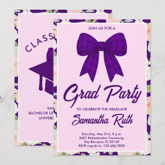 Invitation Wildflower Purple Gingham Bow Graduation Party