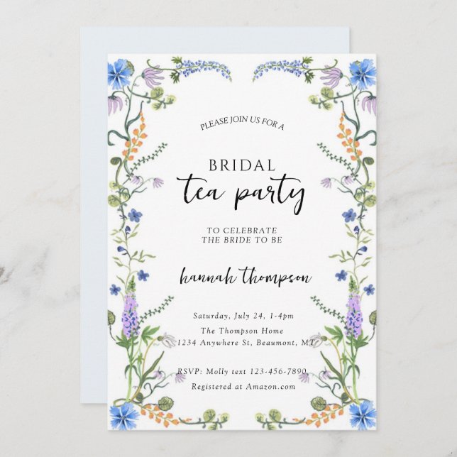 Invitation Wildflower Tea Bridal Shower (Devant / Derrière)