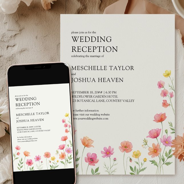Invitation Wildflower Wedding Reception Pink Orange Floral (Wedding Reception Invitation available professionally printed or as a printable digital download)