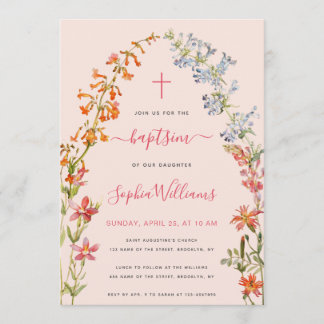 Invitation Wildflowers Baptism Pink Floral Watercolor Girl 
