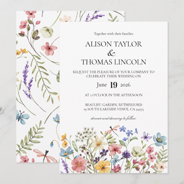 Invitation Wildflowers butterfly and dragonfly Wedding  (Devant / Derrière)