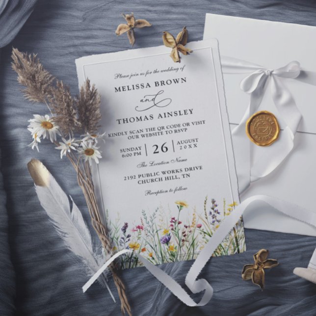 Invitation Wildflowers Elegant Modern Budget QR Code Wedding (Créateur téléchargé)