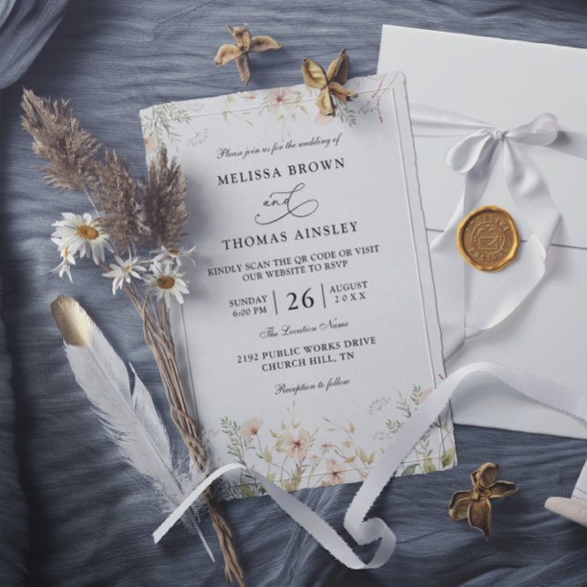 Invitation Wildflowers Elegant Modern Budget QR Code Wedding (Créateur téléchargé)