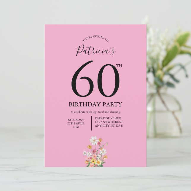 Invitation Wildflowers Pink 60th Birthday (Debout devant)