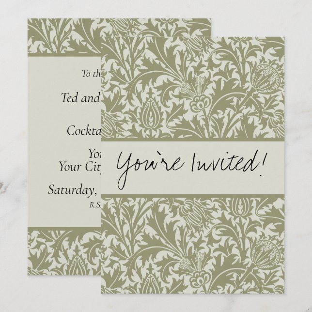Invitation William Morris Thistle Sage Green Motif (Devant / Derrière)