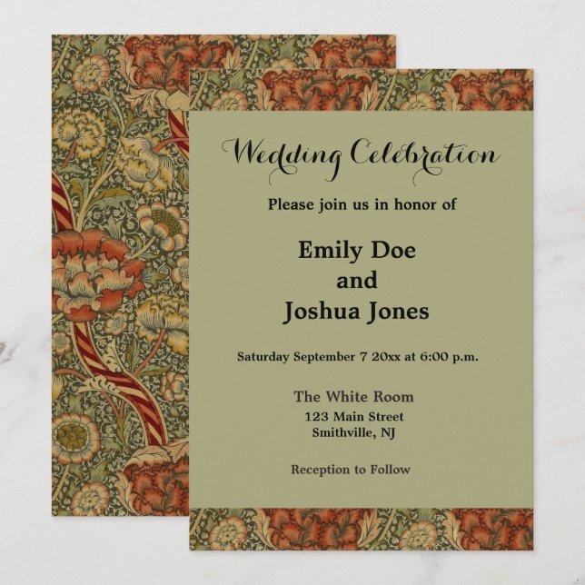 Invitation William Morris Wandle Anglais Floral Damask Design (Devant / Derrière)