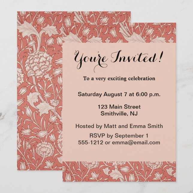 Invitation William Morris Wild Tulip Classique Conception Vic (Devant / Derrière)