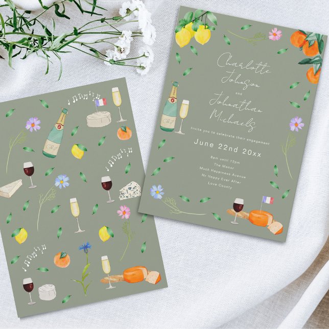 Invitation Wine and Cheese Boho French Engagement Party (Wildflower boho citrus wine and cheese sage green french destination wedding invitation )