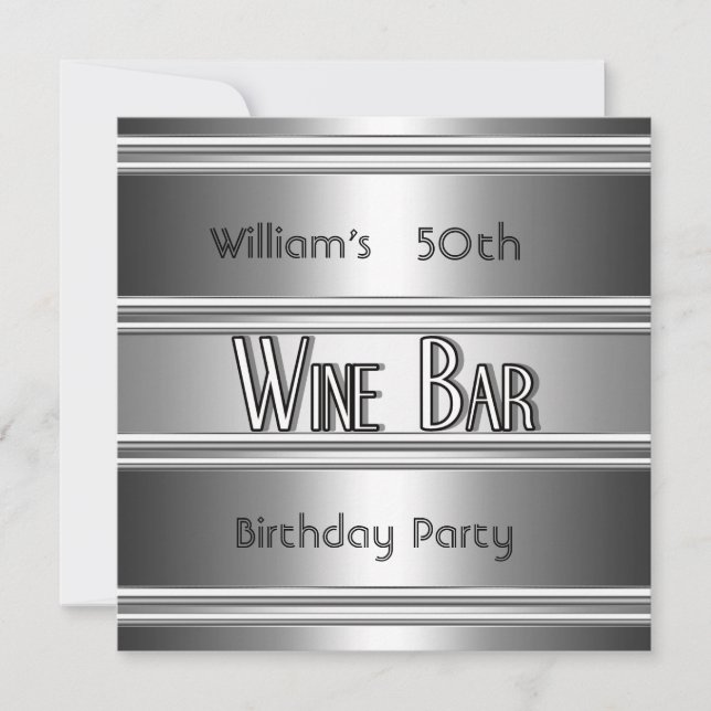 Invitation Wine Bar metal Argent Noir 50e Anniversaire Mens (Devant)