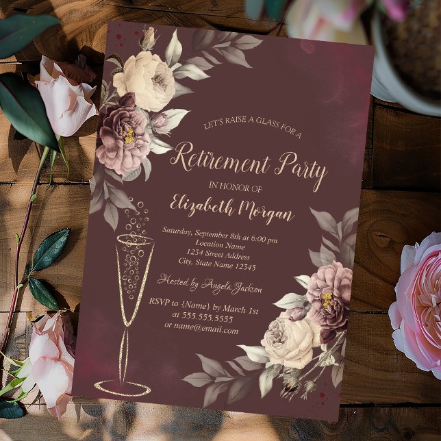 Invitation  Wine Glass Blush Roses Brown Retirement (Créateur téléchargé)