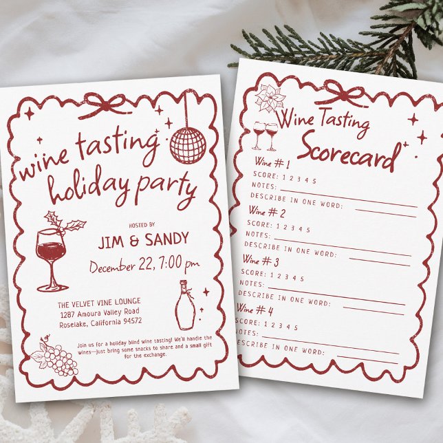 Invitation Wine Tasting Holiday Party Hand Drawn Whimsical (wine tasting holiday party drinks hand drawn winery game charcuterie friendsmas blind santa)