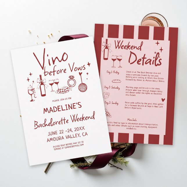 Invitation Winery Bachelorette Wine Tasting Red Itinerary (winery bachelorette party invitation wine tasting girls trip weekend burgundy red stripes)
