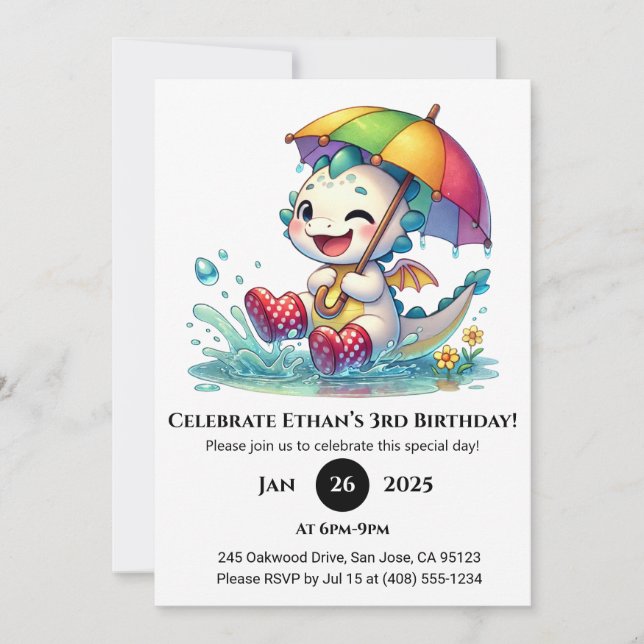 Invitation Winking Baby Dragon with Umbrella Birthday (Devant)
