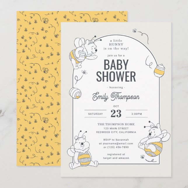 Invitation Winnie le Baby shower d'abeilles de Disney (Devant / Derrière)