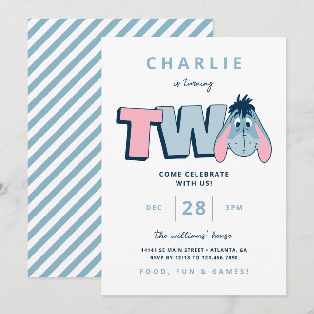Invitation Winnie l'Eeyore de l'Ourson - Deux | 2e anniversai (Devant / Derrière)