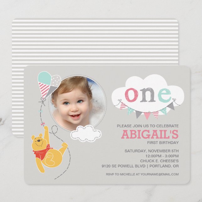 Invitation Winnie l'Ooh | Baby Girl Kite - Premier anniversai (Devant / Derrière)