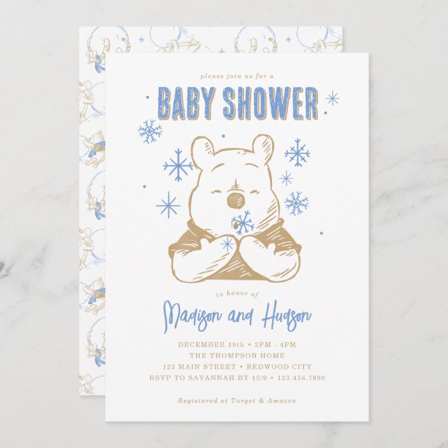 Invitation Winnie l'Ooh | Baby shower de snowflake d'hiver (Devant / Derrière)