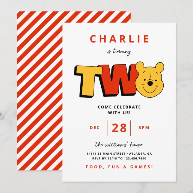 Invitation Winnie l'Ooh - Deux | Deuxième anniversaire (Devant / Derrière)