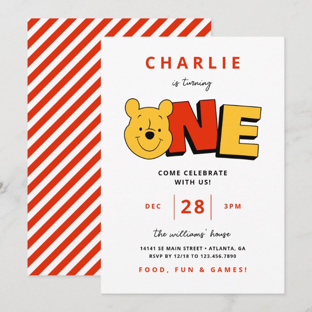 Invitation Winnie l'Ooh - One | Premier anniversaire (Devant / Derrière)