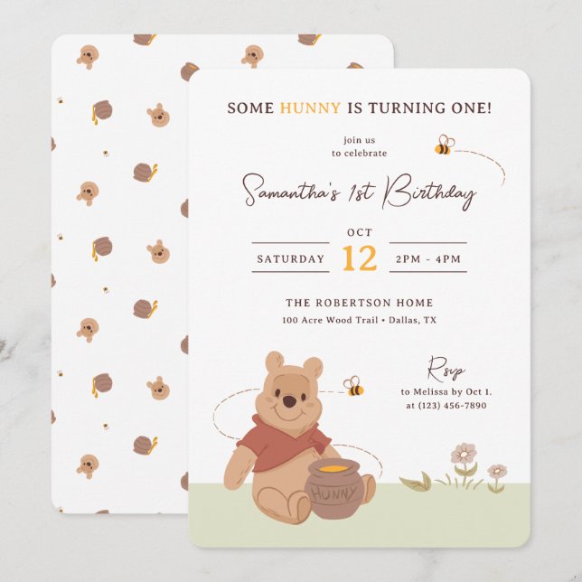 Invitation Winnie the Pooh Little Hunny First Birthday (Devant / Derrière)