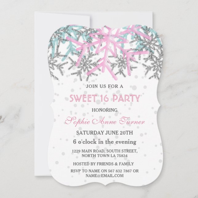 Invitation Winter Argent Rose Bleu Flocons SWEET 16 (Devant)