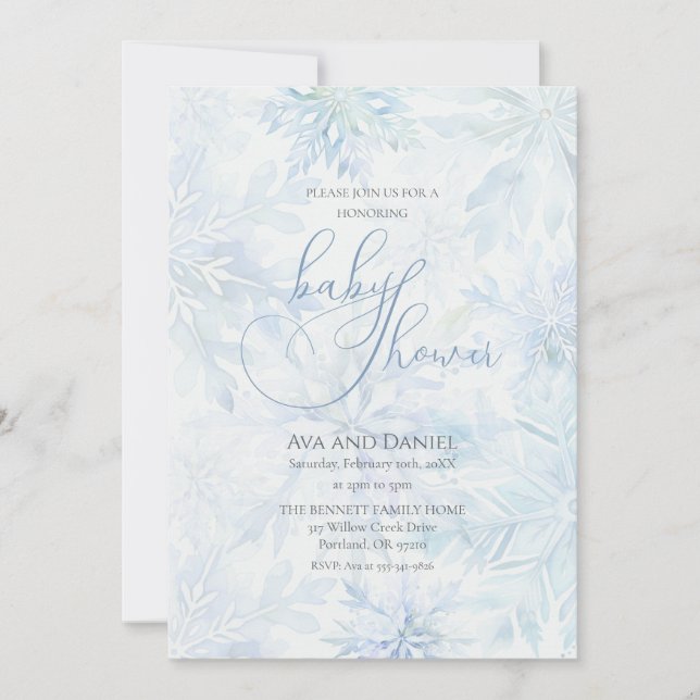 Invitation Winter Baby Shower Boy Blue Snowflake (Devant)