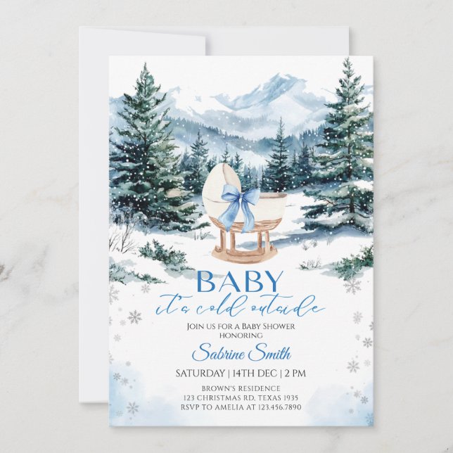 Invitation Winter Blue Bow Cradle Baby Shower (Devant)