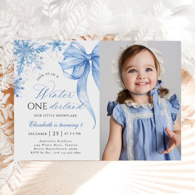 Invitation Winter Blue Bow Snowflake 1er Anniversaire Photo (Créateur téléchargé)