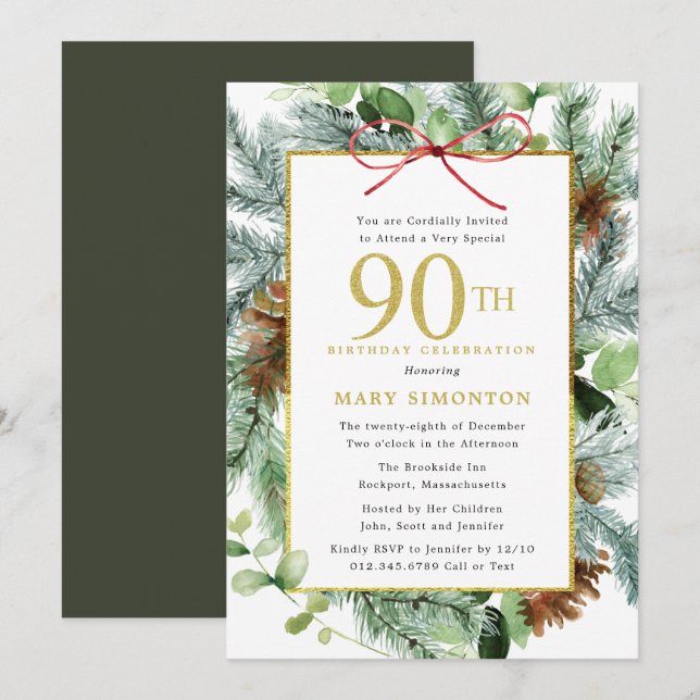 Invitation Winter Botanical Floral Gold 90e fête d'anniversai (Devant / Derrière)